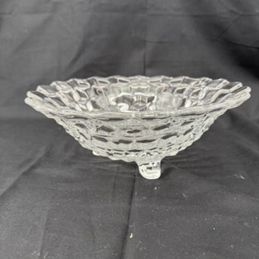 Vintage Clear Pressed Glass Footed Bowl Diamond Point Waffle Pattern 10 inch